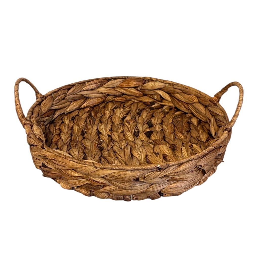 Round Arrow Weave Woven Serving Tray Basket Handles Handmade Brown